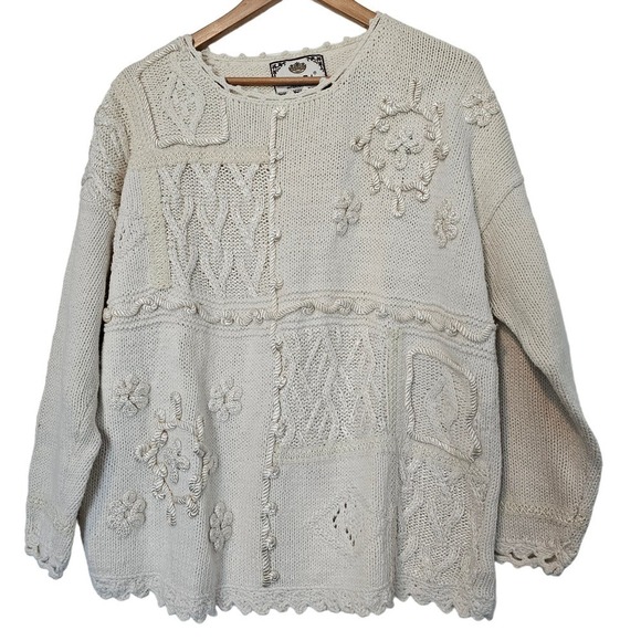 Vintage Tiara Sweater Womens Medium 90s White Cable Knit Crochet Puillover - Picture 1 of 8